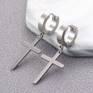 Stainless Steel Cross Drop Dangl Hoop Earrings Silver Women Men NWT